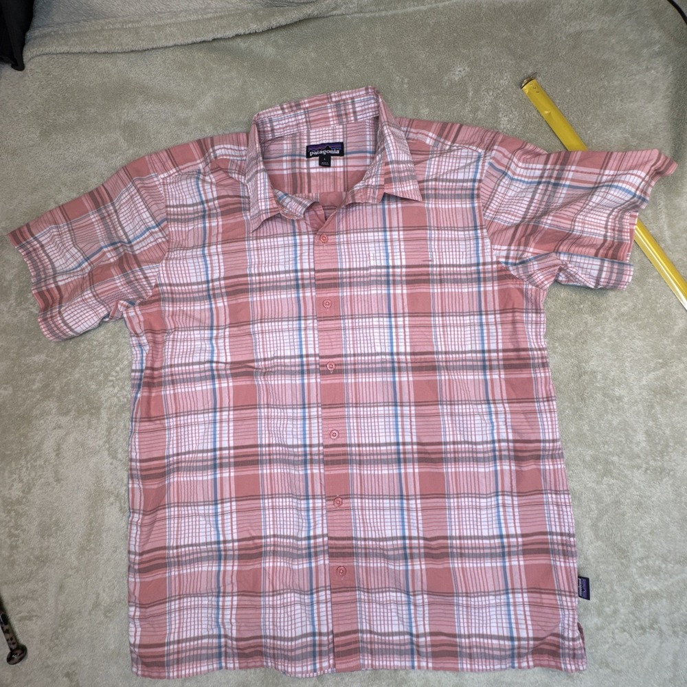 M's Puckerwear Patagonia A/C short sleeve shirt L organic red/orange Blue plaid - Picture 3 of 10